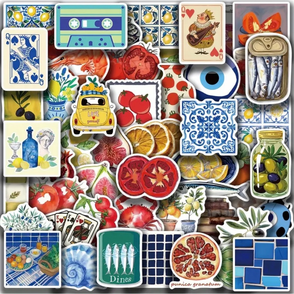 50 Mediterranean Stickers Blue Tiles Tomato Fish Olives Lemon Travel
